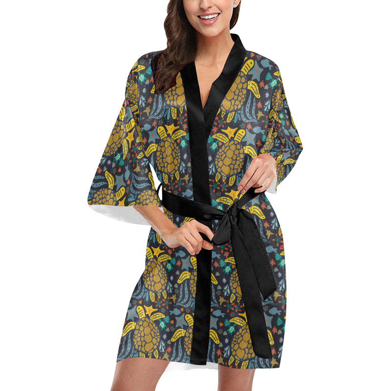 Sea Turtle Pattern Print Design T03 Women Kimono Robe