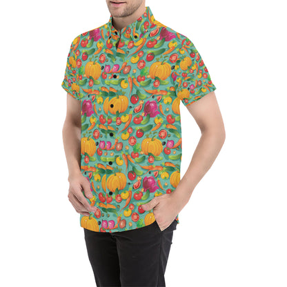Vegan Colorful Themed Design Print Men's Short Sleeve Button Up Shirt