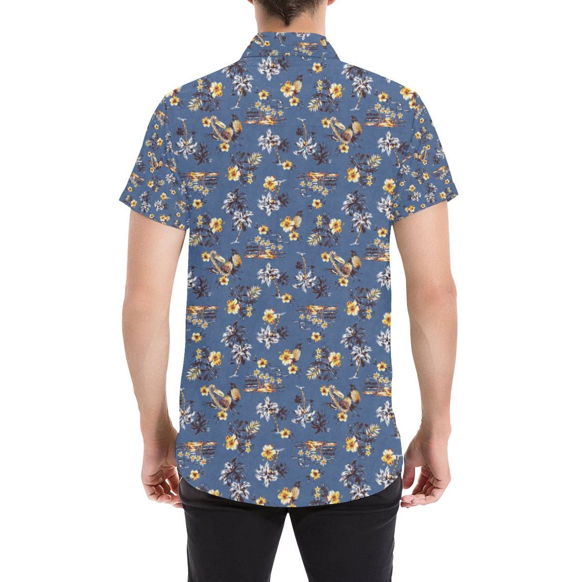 Hawaiian Flower Blue Print Men's Short Sleeve Button Up Shirt