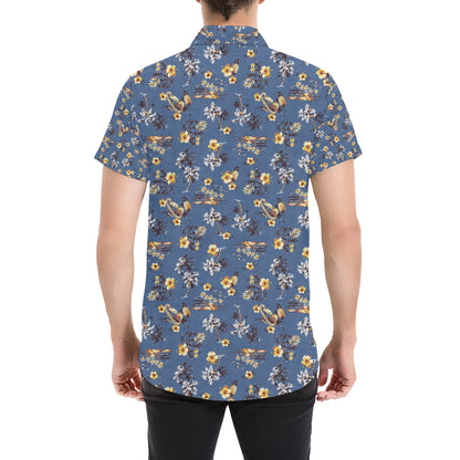 Hawaiian Flower Blue Print Men's Short Sleeve Button Up Shirt
