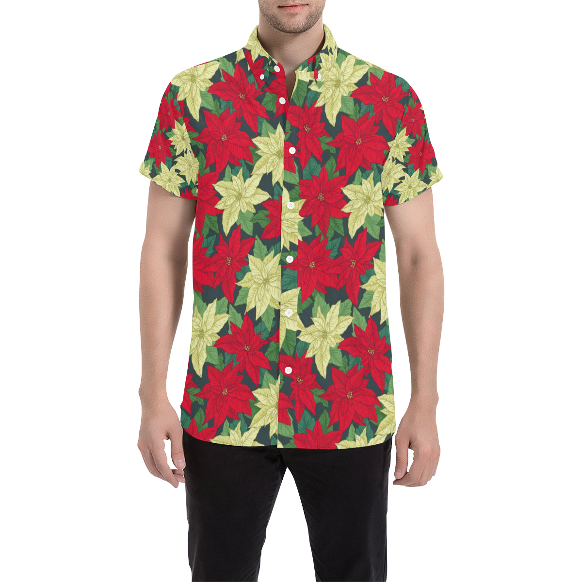 Poinsettia Pattern Print Design POT06 Men's Short Sleeve Button Up Shirt