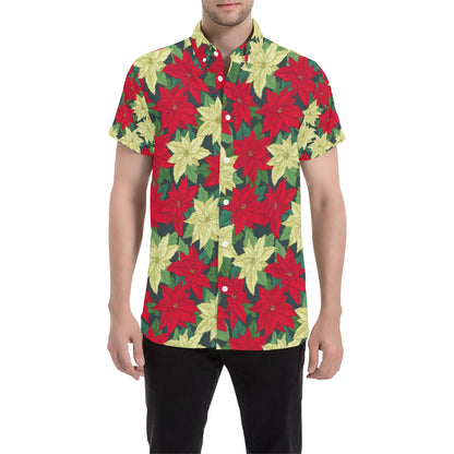 Poinsettia Pattern Print Design POT06 Men's Short Sleeve Button Up Shirt