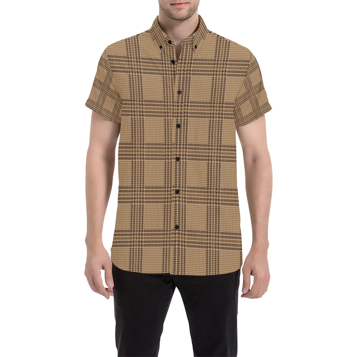 Houndstooth Brown Pattern Print Design 04 Men's Short Sleeve Button Up Shirt