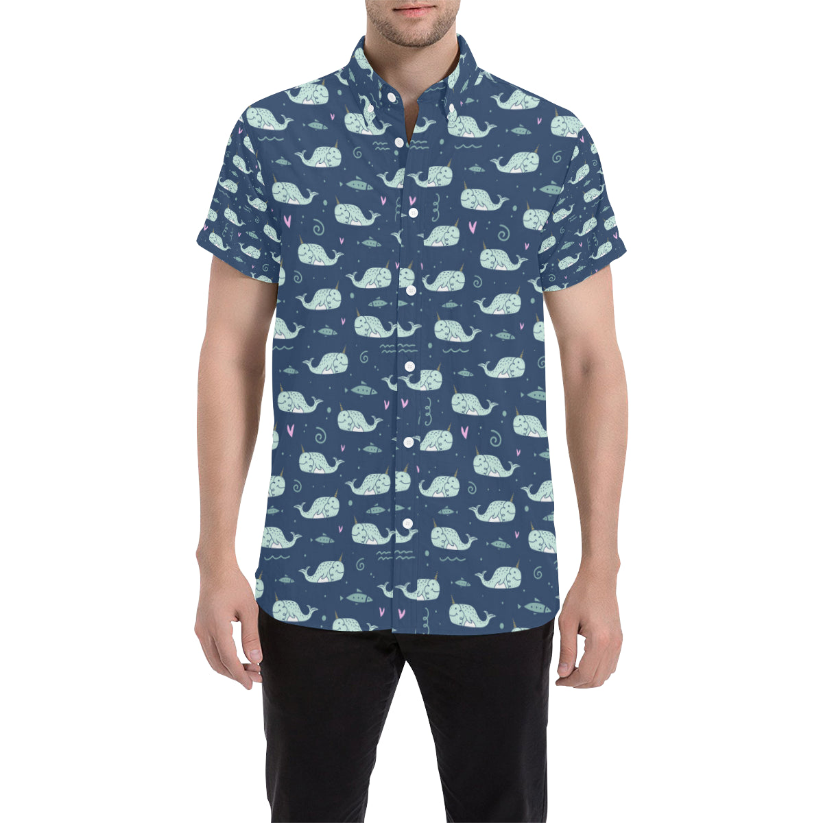 Narwhal Design Print Men's Short Sleeve Button Up Shirt