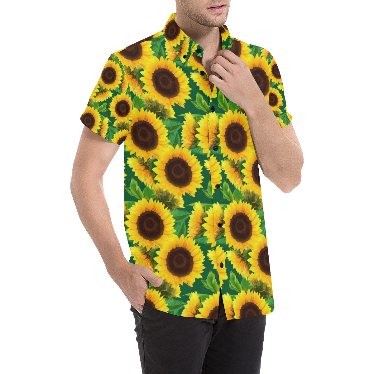 Sunflower Pattern Print Design SF02 Men's Short Sleeve Button Up Shirt