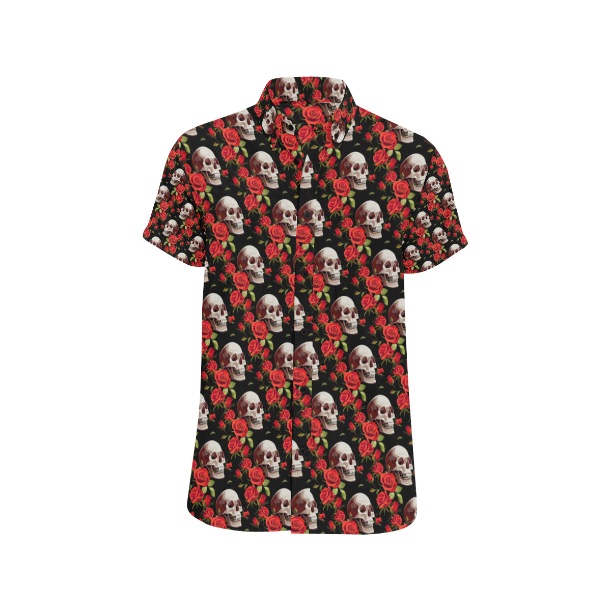 Red Rose Skull Design Print Men's Short Sleeve Button Up Shirt