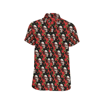 Red Rose Skull Design Print Men's Short Sleeve Button Up Shirt