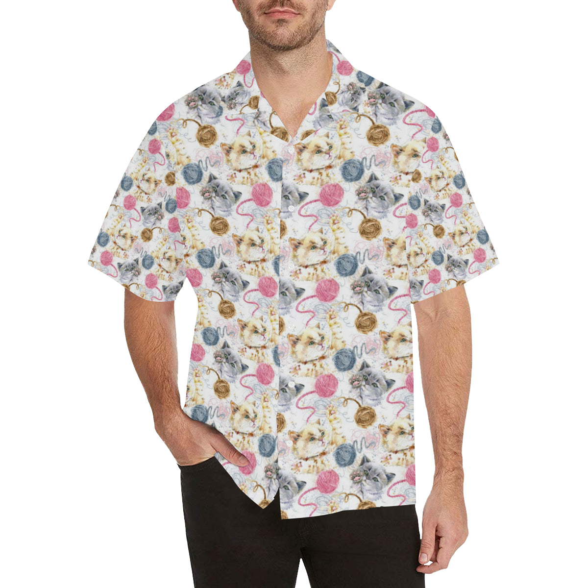 Cat Playing Yarn Pattern Print Design 07 Men's Hawaiian Shirt
