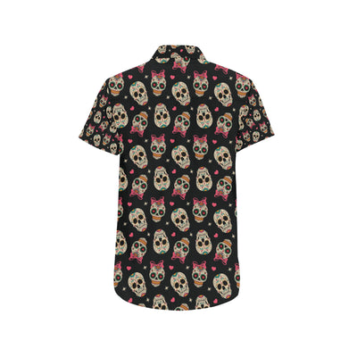 Sugar Skull Pink Bow Themed Print Men's Short Sleeve Button Up Shirt