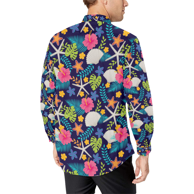 Beach Seashell Floral Theme Men's Long Sleeve Shirt