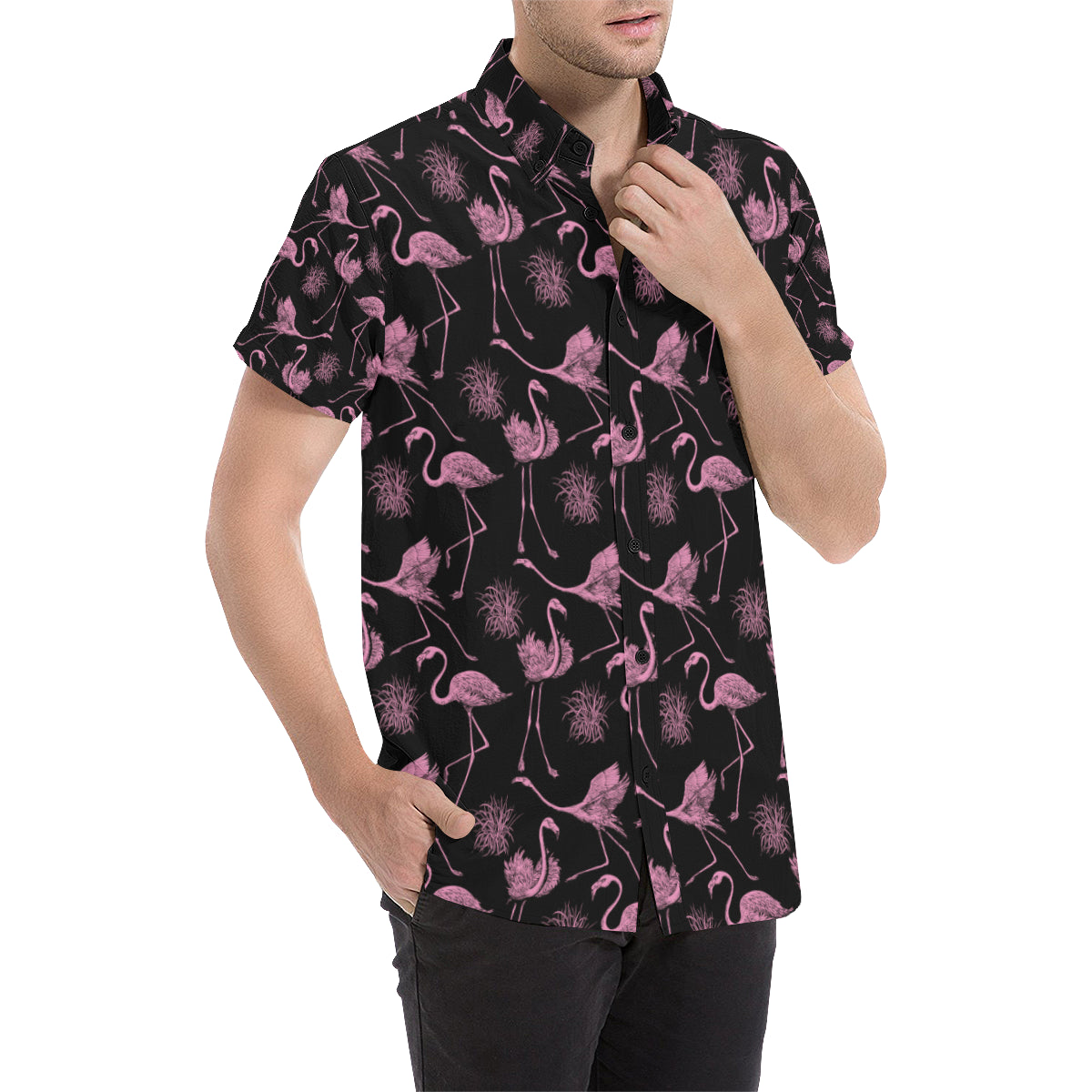 Flamingo Pink Print Pattern Men's Short Sleeve Button Up Shirt