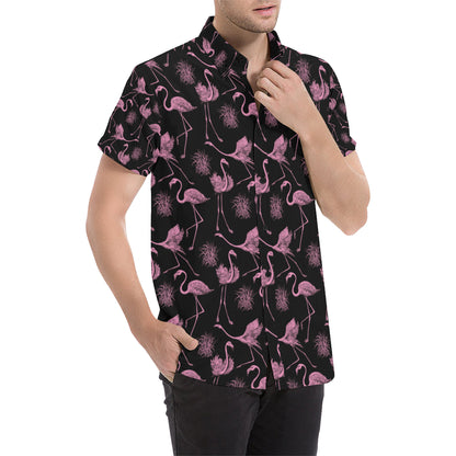 Flamingo Pink Print Pattern Men's Short Sleeve Button Up Shirt
