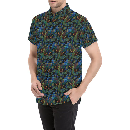 Peacock Themed Design Print Men's Short Sleeve Button Up Shirt