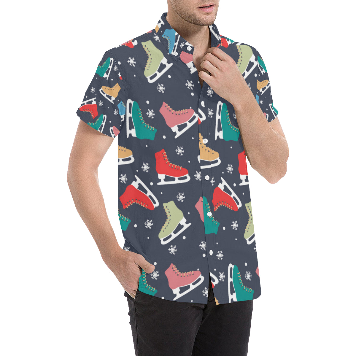 Ice Skate Pattern Print Design 04 Men's Short Sleeve Button Up Shirt