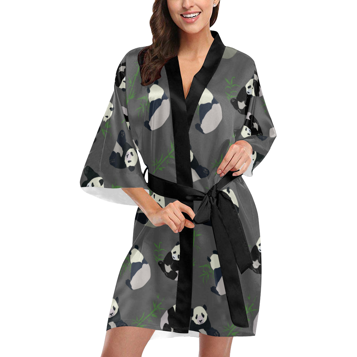 Panda Pattern Print Design A06 Women's Short Kimono
