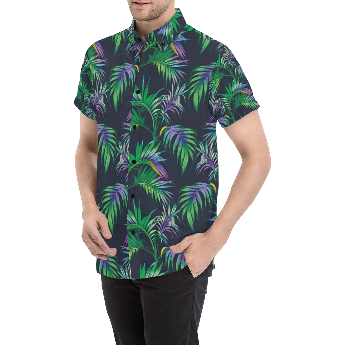 Palm Leaves Pattern Print Design PL04 Men's Short Sleeve Button Up Shirt