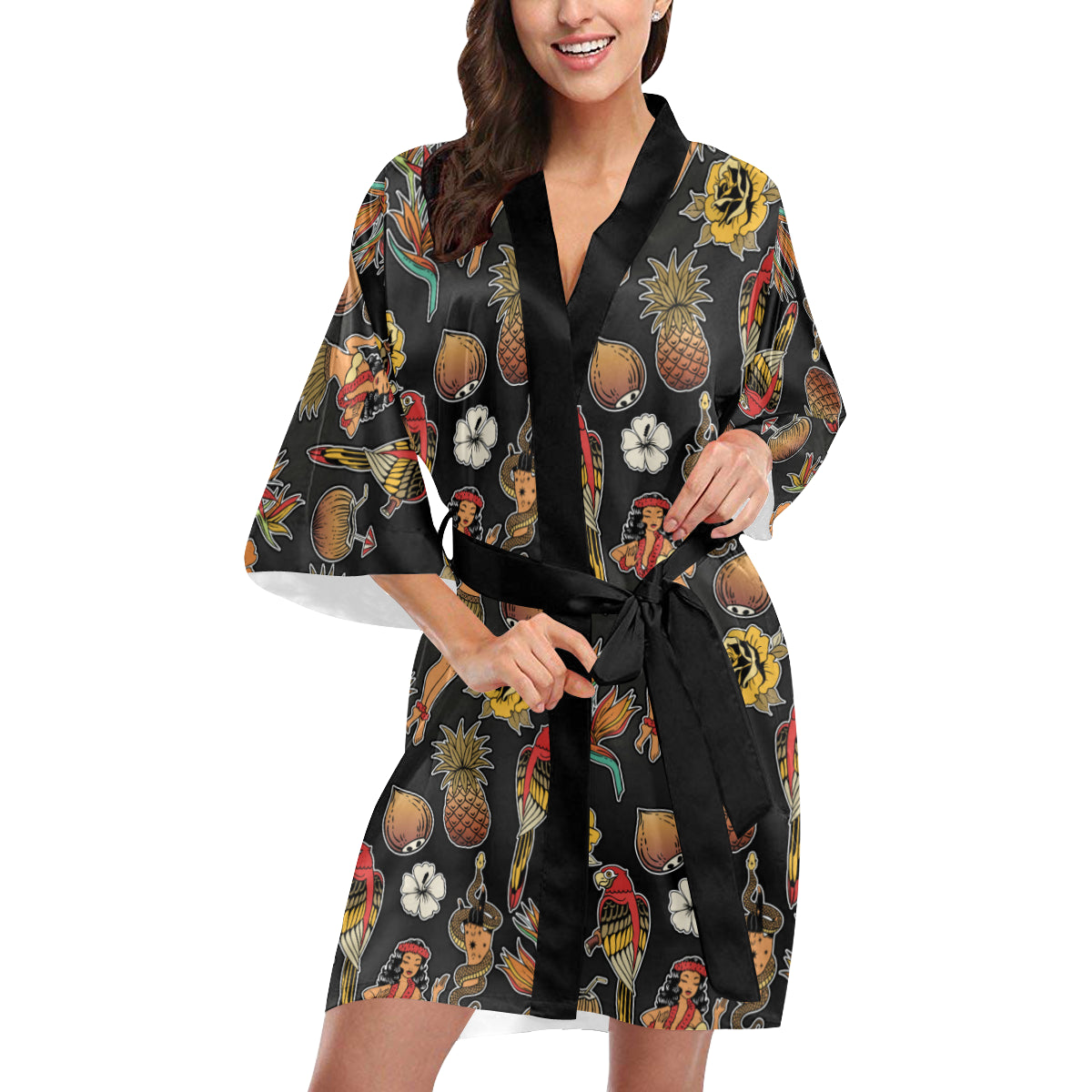 Hula Dancers Hawaiian Style Pattern Print Design 0 Women's Short Kimono