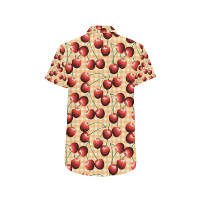 Cherry Orange Plaid Print Men's Short Sleeve Button Up Shirt