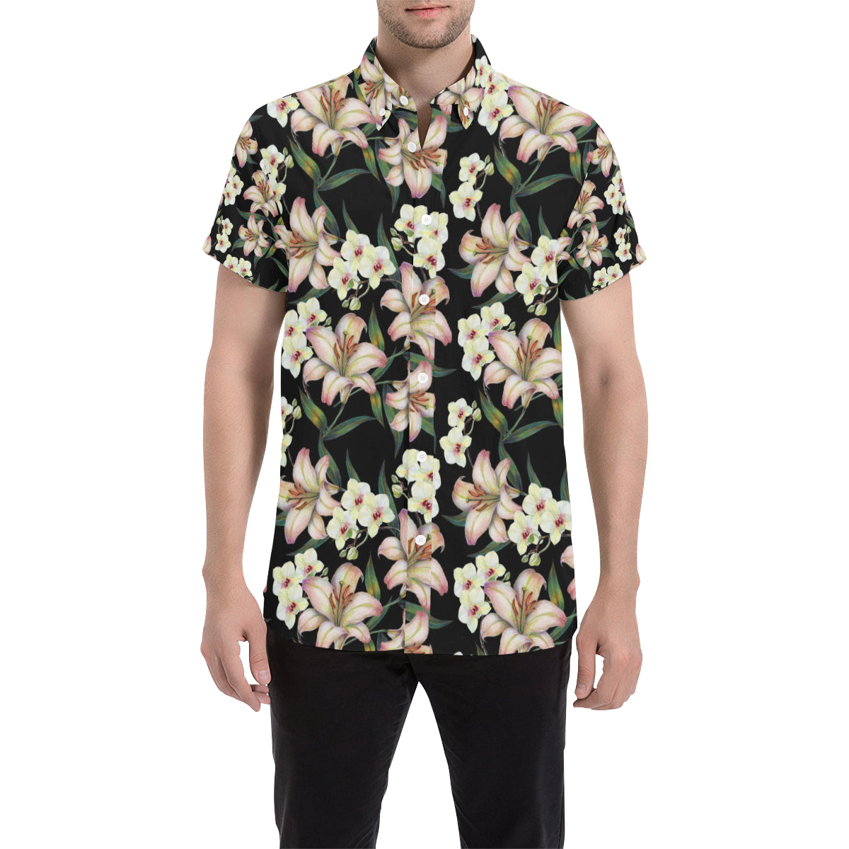 Lily Pattern Print Design LY03 Men's Short Sleeve Button Up Shirt
