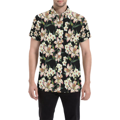 Lily Pattern Print Design LY03 Men's Short Sleeve Button Up Shirt