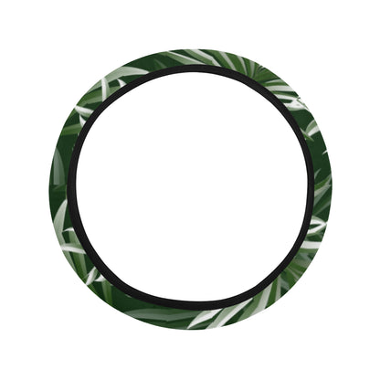 White Green Tropical Palm Leaves Steering Wheel Cover with Elastic Edge
