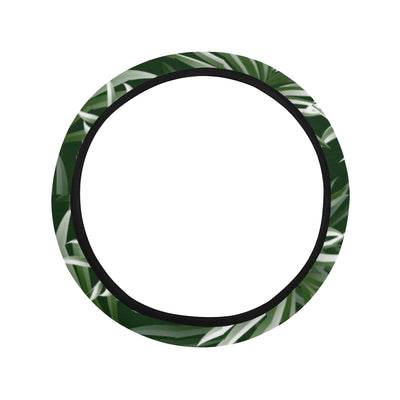 White Green Tropical Palm Leaves Steering Wheel Cover with Elastic Edge