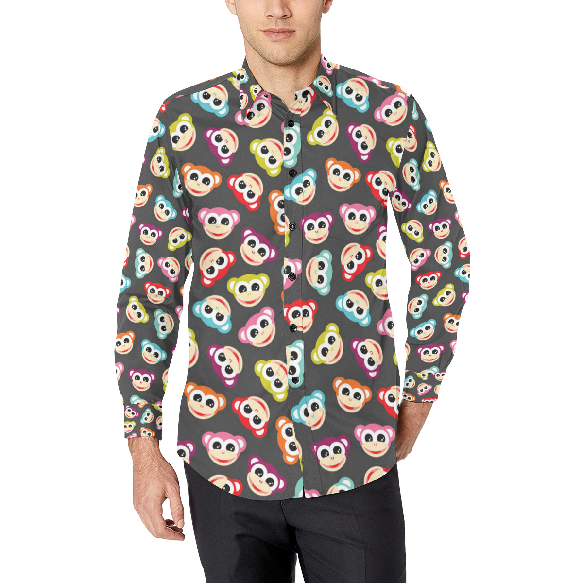 Monkey Head Design Themed Print Men's Long Sleeve Shirt