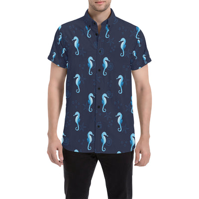 SeaHorse Blue neon Pattern Print Design 03 Men's Short Sleeve Button Up Shirt