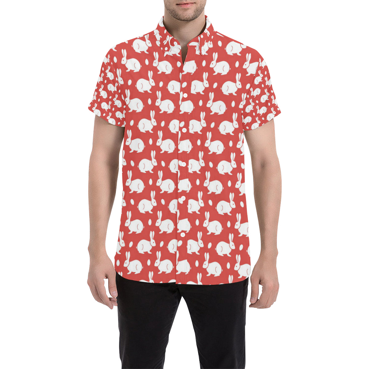 Rabbit Pattern Print Design RB017 Men's Short Sleeve Button Up Shirt
