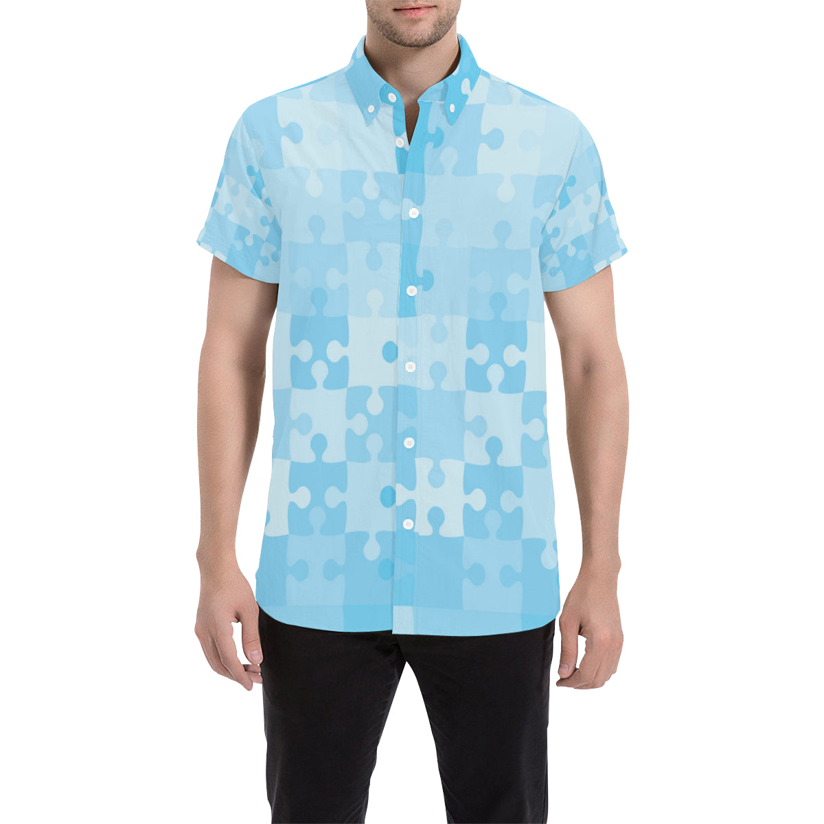 Puzzle Blue Pattern Print Design A04 Men's Short Sleeve Button Up Shirt