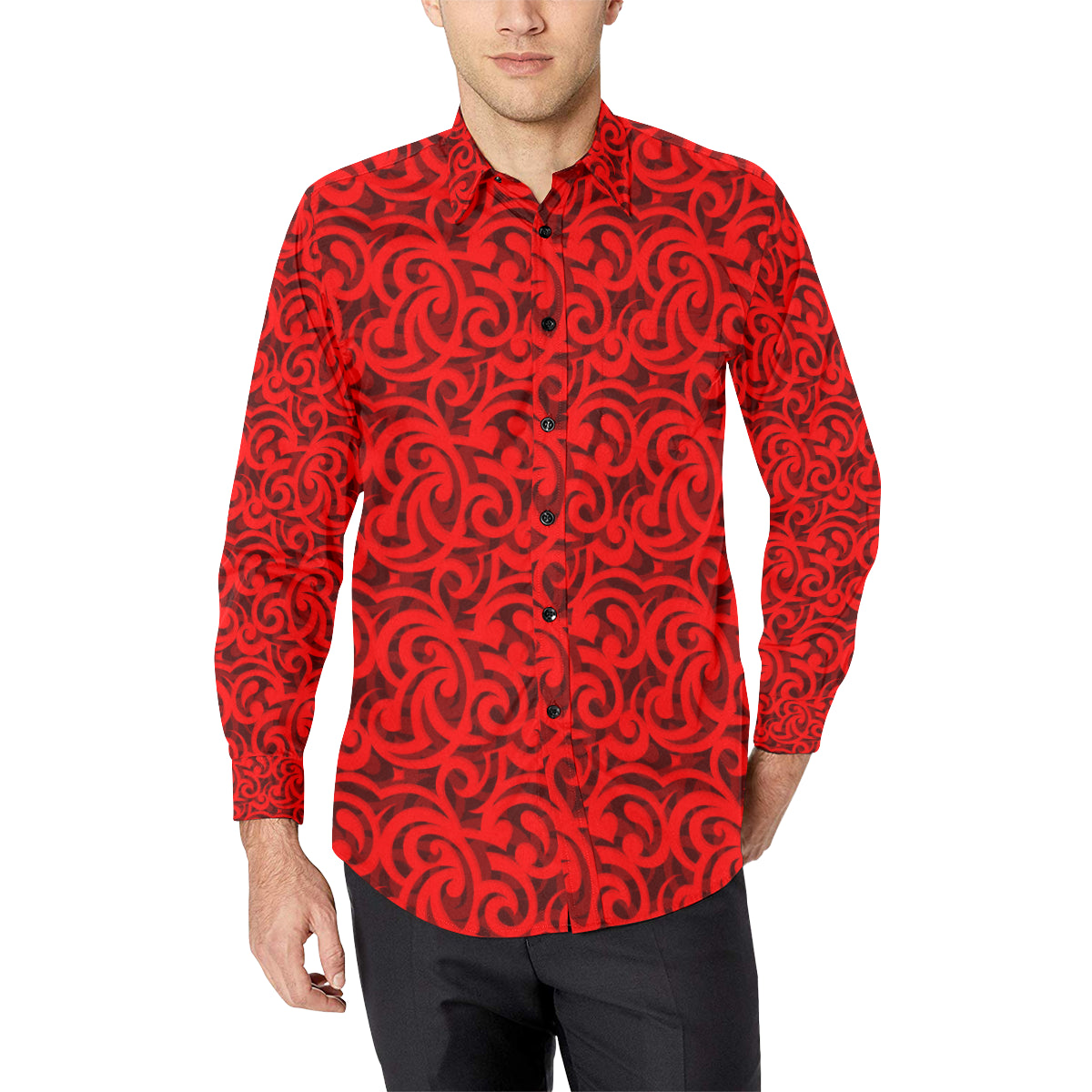 Maori Red Themed Design Print Men's Long Sleeve Shirt