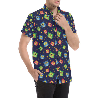 Owl with Star Themed Design Print Men's Short Sleeve Button Up Shirt