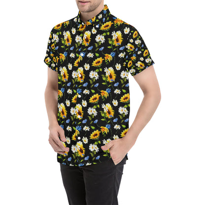 Sunflower Chamomile Bright Color Print Men's Short Sleeve Button Up Shirt