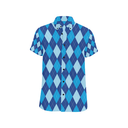 Argyle Blue Pattern Print Design 02 Men's Short Sleeve Button Up Shirt