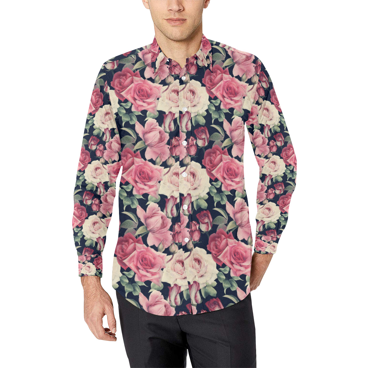 Rose Pattern Print Design RO05 Men's Long Sleeve Shirt