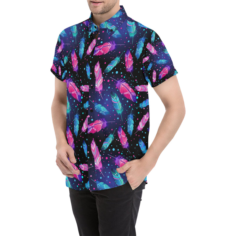 Feather Colorful Boho Design Print Men's Short Sleeve Button Up Shirt