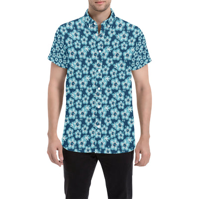 Hibiscus Flower Hawaiian Themed Men's Short Sleeve Button Up Shirt