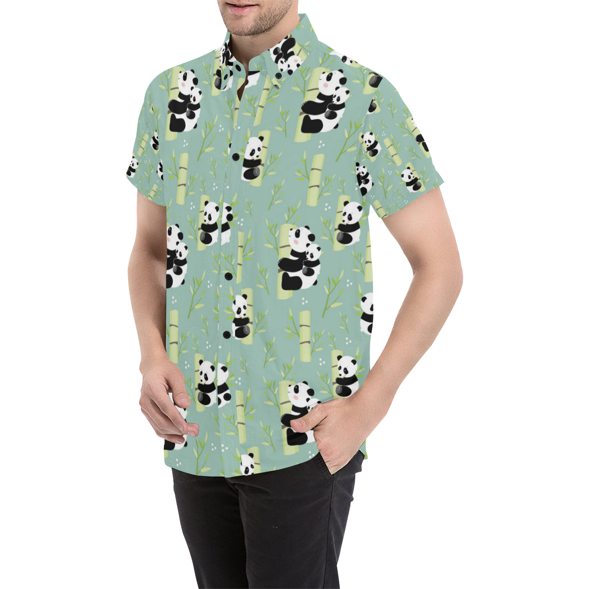 Panda Pattern Print Design A03 Men's Short Sleeve Button Up Shirt