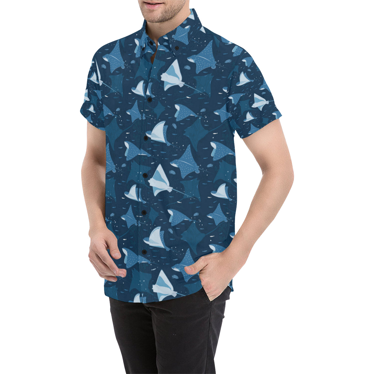 Manta Ray Pattern Print Design 02 Men's Short Sleeve Button Up Shirt