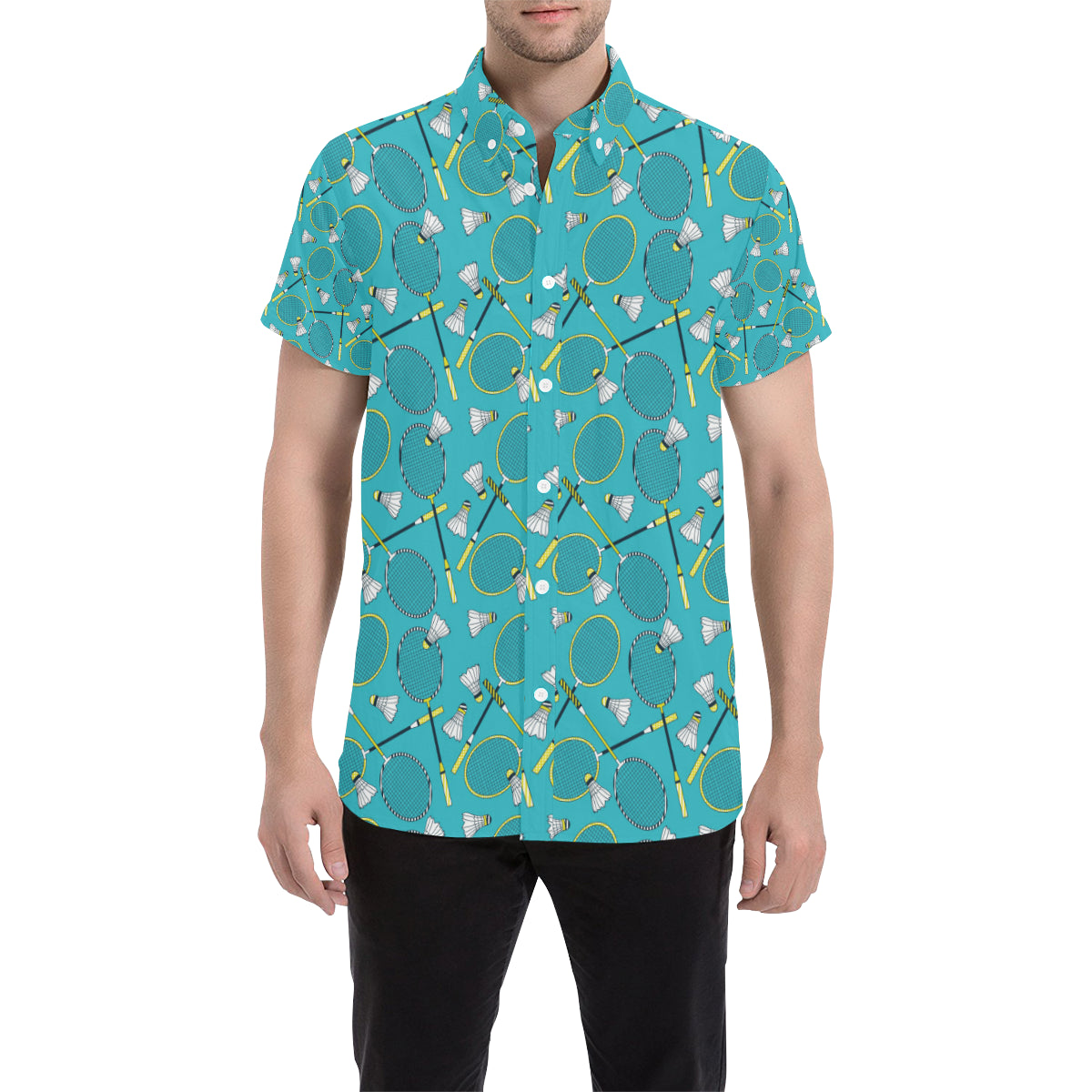 Badminton Pattern Print Design 06 Men's Short Sleeve Button Up Shirt