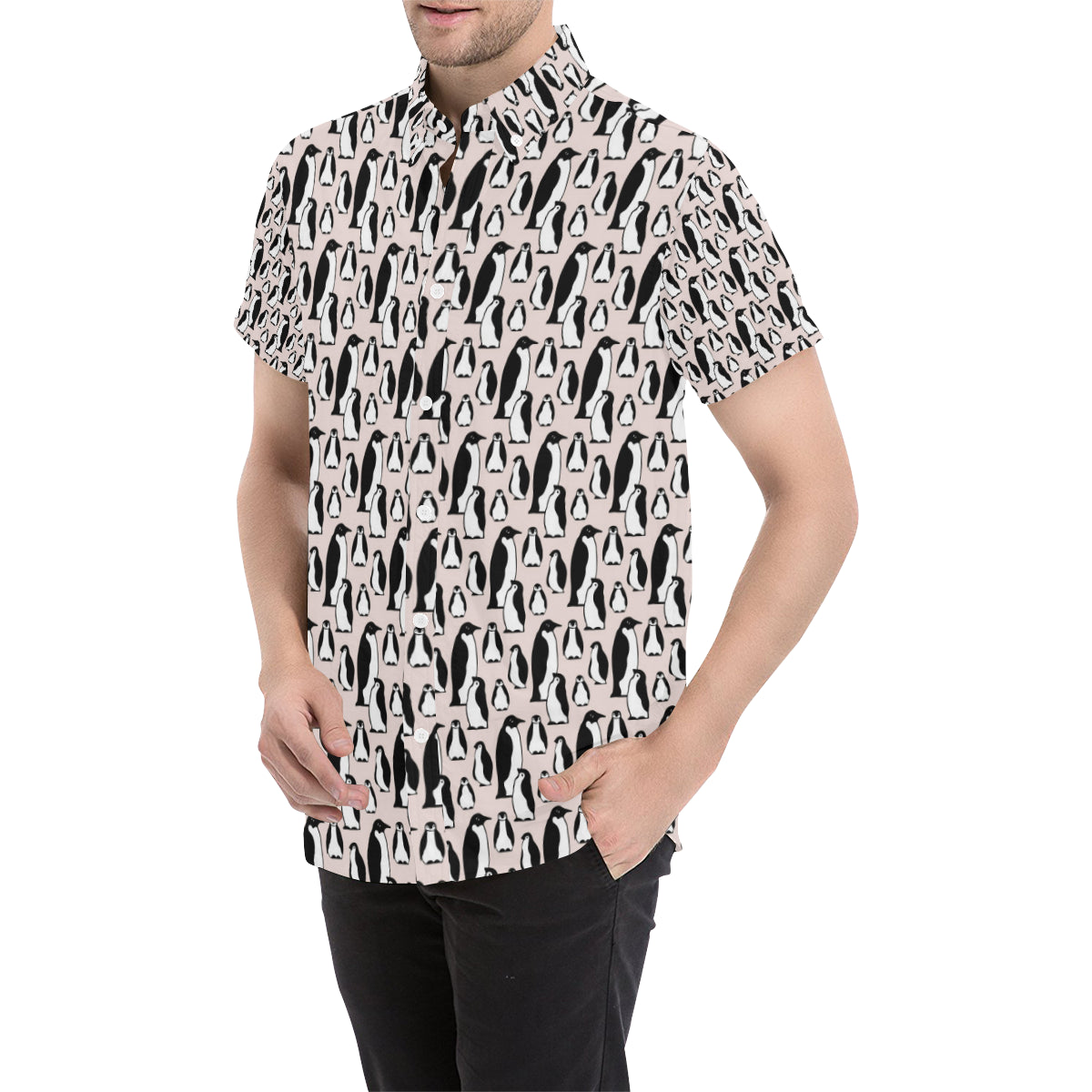 Penguin Themed Men's Short Sleeve Button Up Shirt