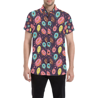 Donut Pattern Print Design DN03 Men's Short Sleeve Button Up Shirt