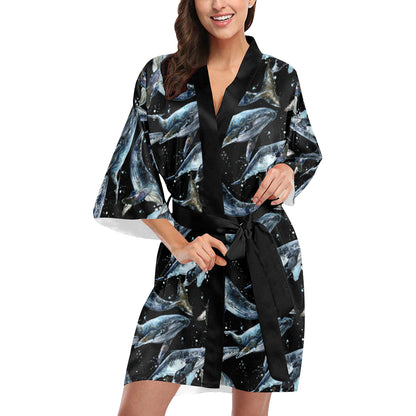 Humpback Whale Pattern Print Design 01 Women's Short Kimono