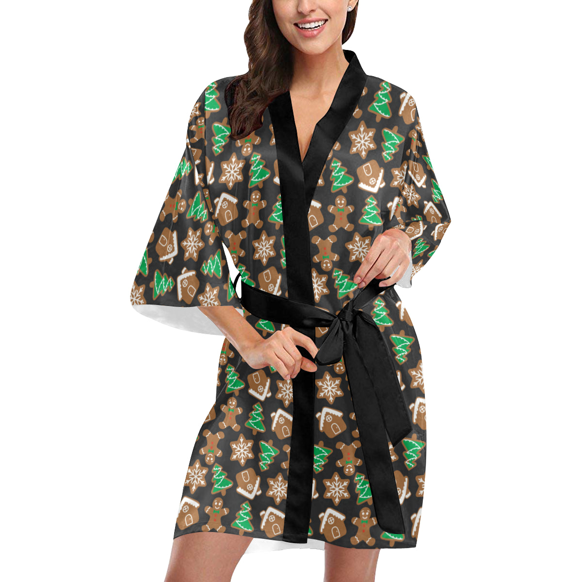 Gingerbread Pattern Print Design 02 Women's Short Kimono