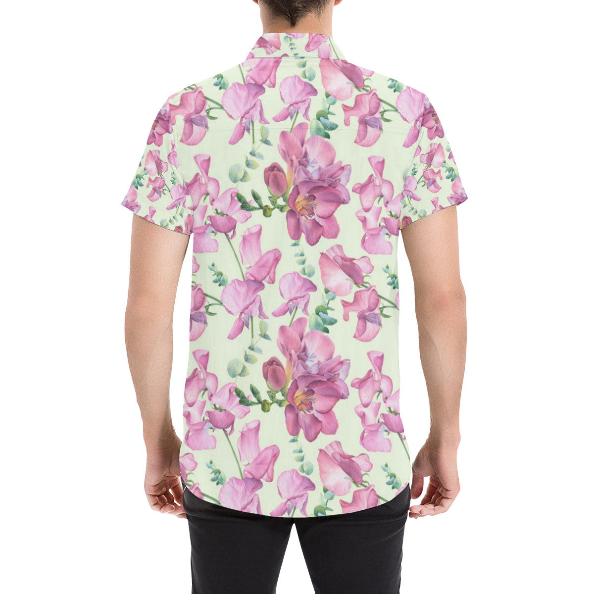 Peony Pattern Print Design PE011 Men's Short Sleeve Button Up Shirt