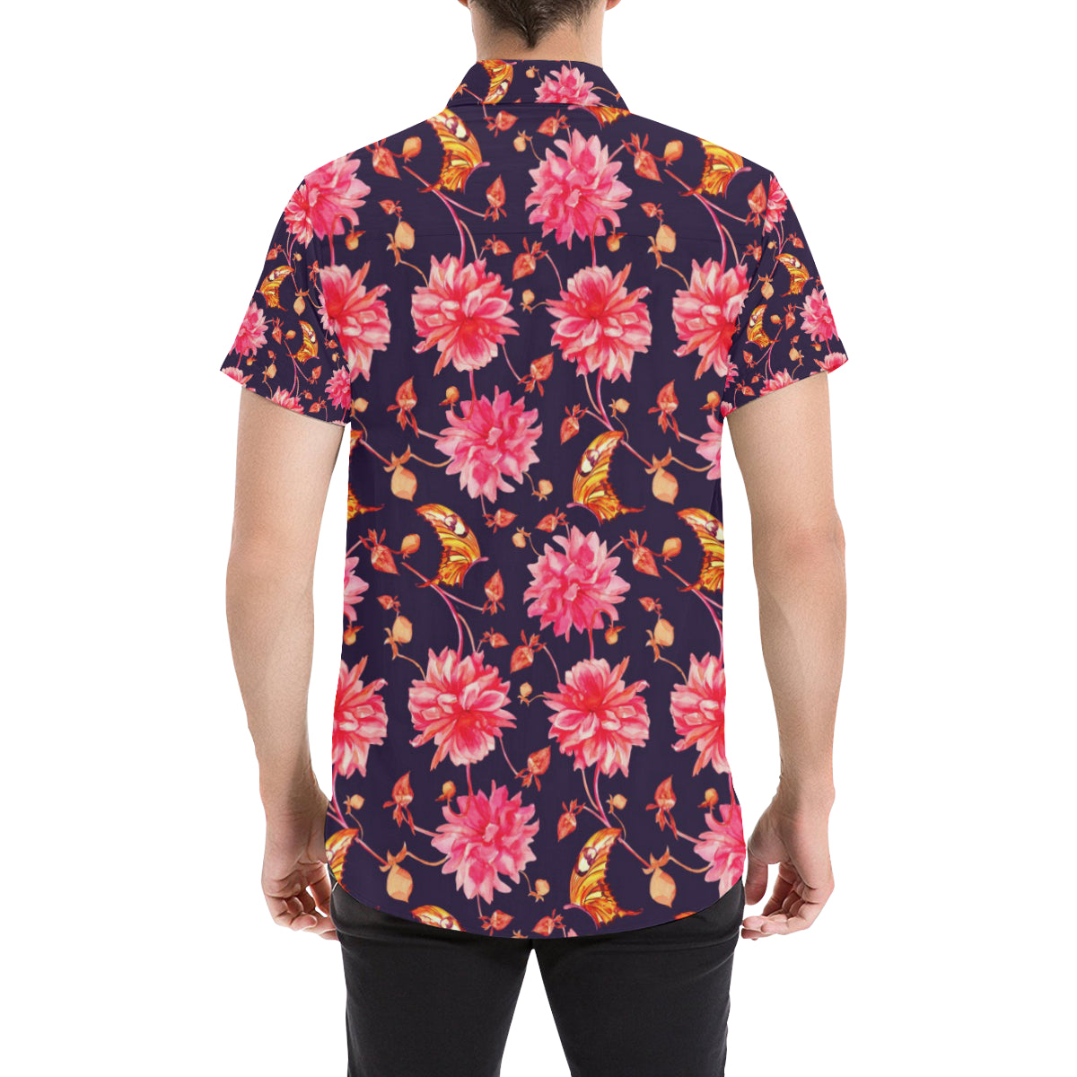 Dahlia Pattern Print Design DH03 Men's Short Sleeve Button Up Shirt