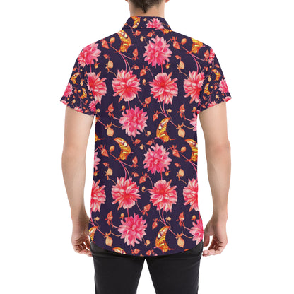 Dahlia Pattern Print Design DH03 Men's Short Sleeve Button Up Shirt