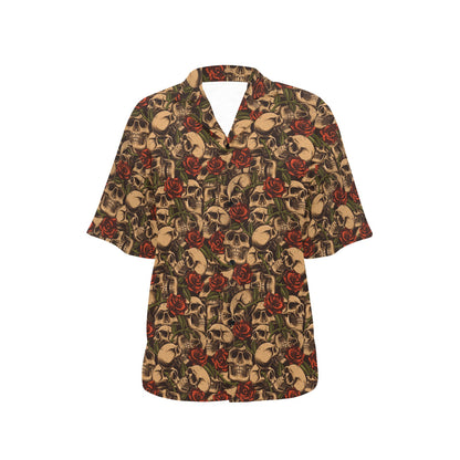 Skull Roses Vintage Design Themed Print Women's Hawaiian Shirt