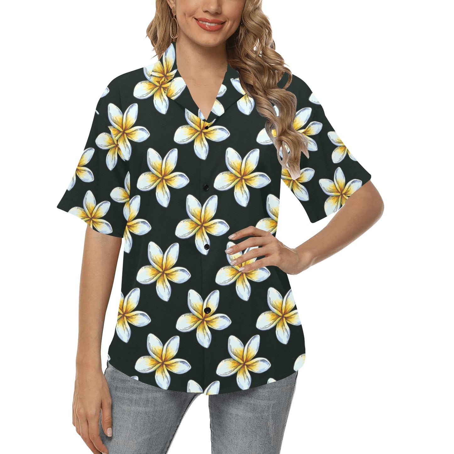 White Plumeria Pattern Print Design PM022 Women's Hawaiian Shirt