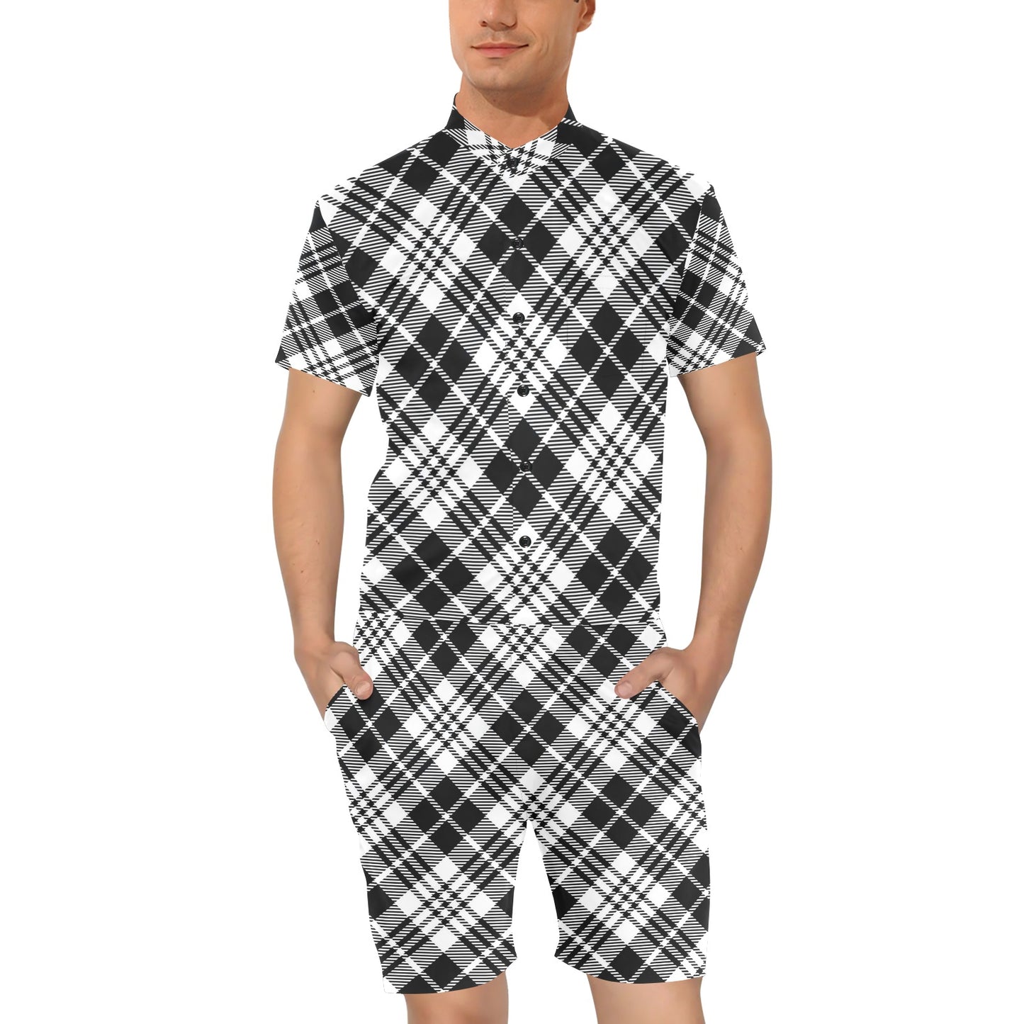 Plaid Black White Pattern Print Design A02 Men's Romper